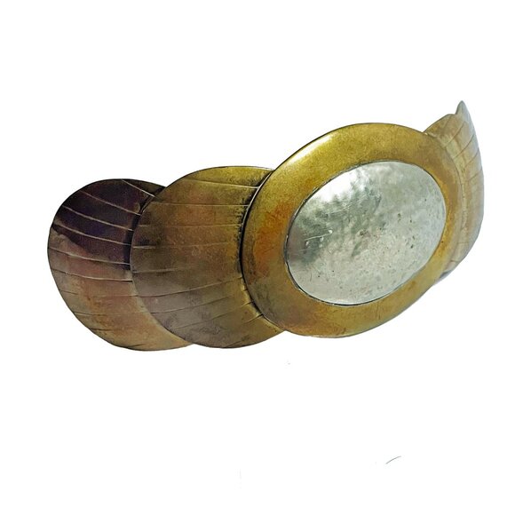 Russ Mai Design Belt Buckle Tribal Hammered Silver Etched Brass Metal Vintage - Picture 2 of 6